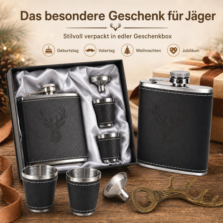 Jäger Geschenk Flachmann mit Hirsch Gravur - 6oz/180ml Edelstahl Flask Set in Geschenkbox mit 2x10ml