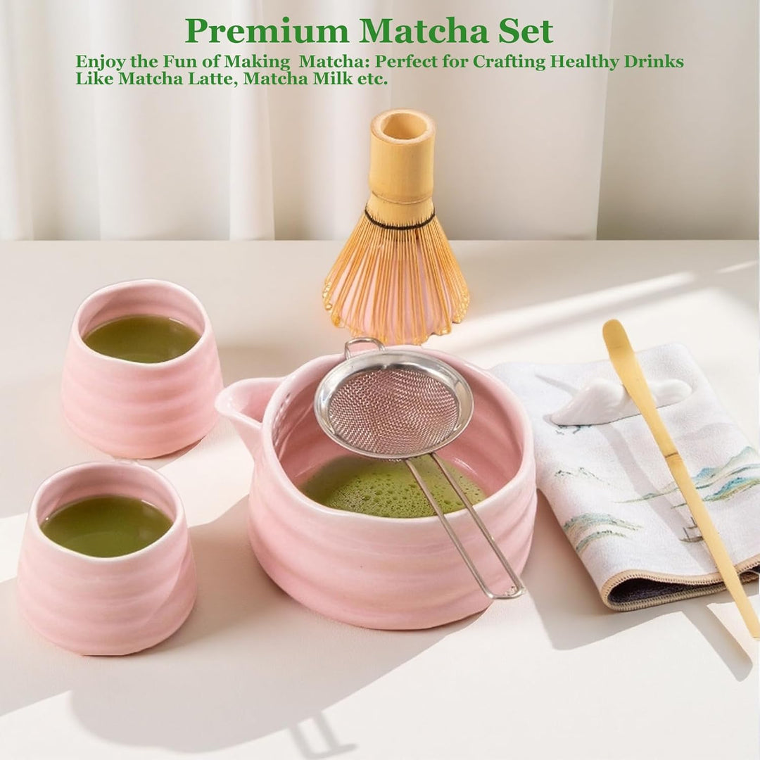 Matcha-Set, 9-teilig, rosa Matcha-Set mit Bambus-Matcha-Schneebesen, Keramikschale, Tasse, Halter, S