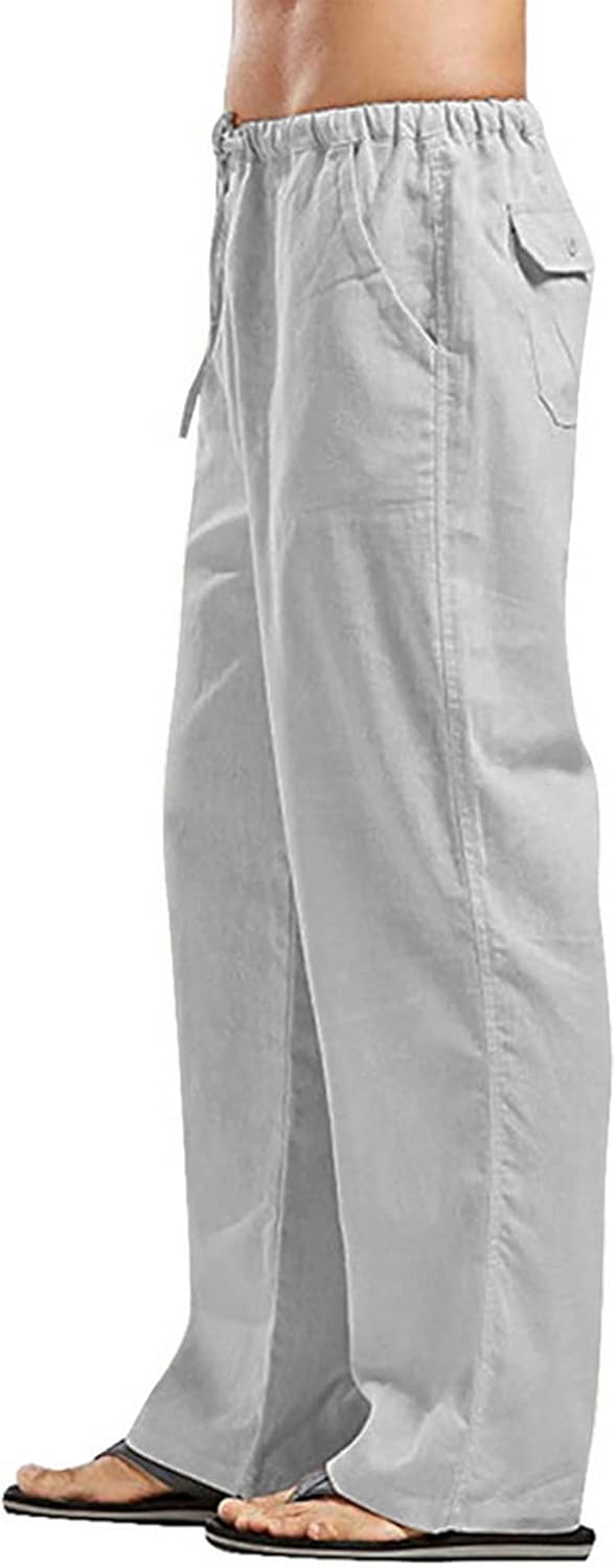Sprifloral Herrenhose aus Leinen einfarbig entspannte Passform lässige Yogahose gerade Beine Hose S