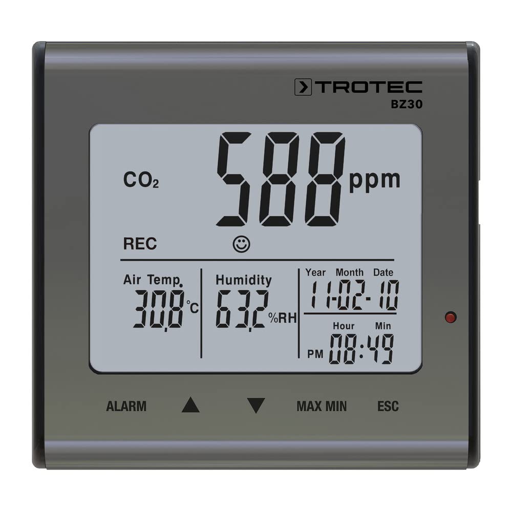 TROTEC CO2 Messgerät BZ30 – Luftqualitätsmonitor, Luftfeuchtigkeit, Temperatur – Messbereich 0 bis 9