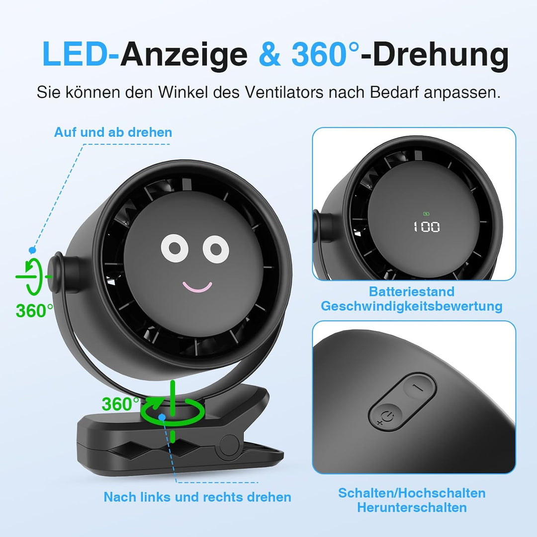 USB-C Wiederaufladbar Ventilator Leise - 3 in 1 Tischventilator mit LED-Display, 720° Gedreht Werden
