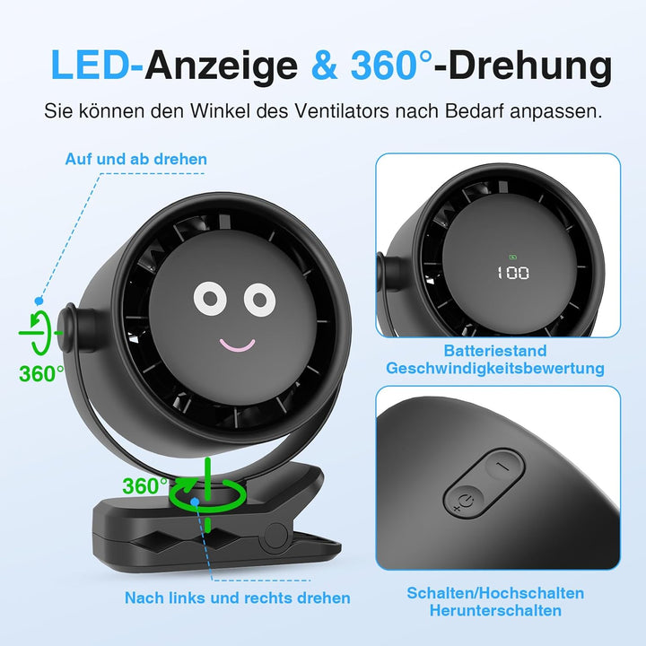 USB-C Wiederaufladbar Ventilator Leise - 3 in 1 Tischventilator mit LED-Display, 720° Gedreht Werden