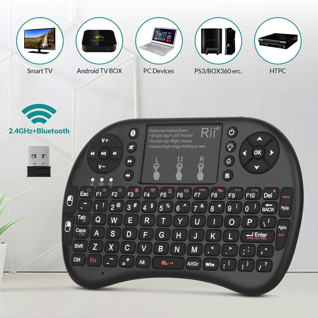 Rii Mini i8+ Wireless (QWERTY US Layout) - Mini Beleuchtete Tastatur mit Multi-Touch Maus-Pad für Sm