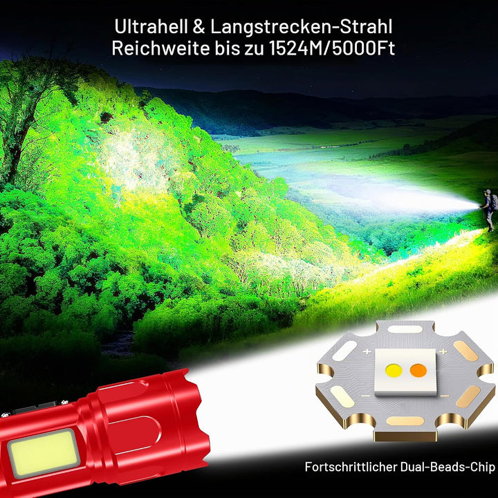 Blukar Taschenlampe LED 2 Farbtemperatur mit Hauptlicht &amp; Seitlich COB-Licht, Aufladbar Extrem Hell