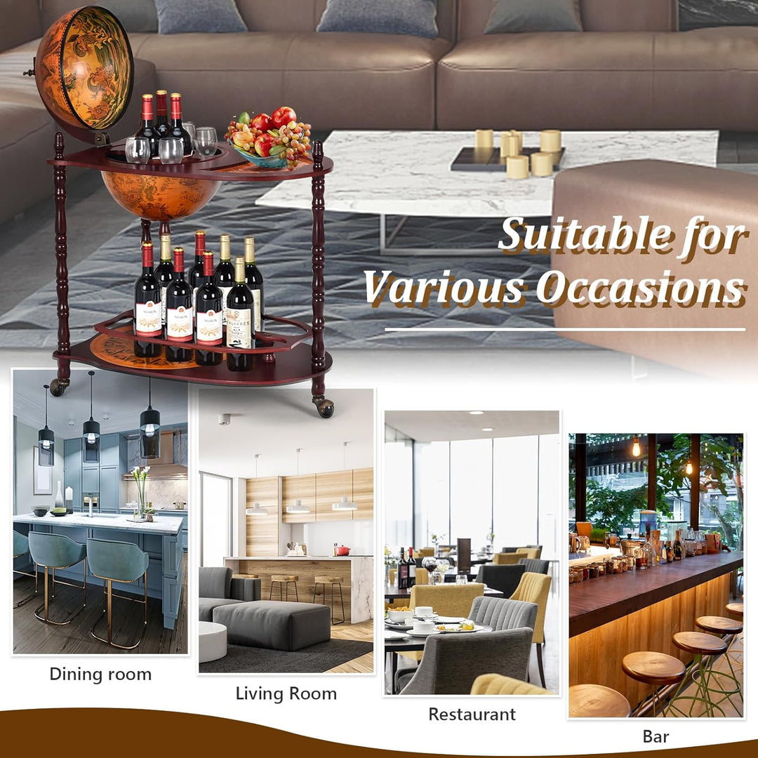 KOMFOTTEU Globus Bar Barwagen, Minibar mit Rollen, Weinregal mit Klassischem Design, Cocktailbar Bar