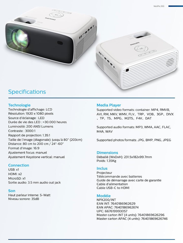 Philips NeoPix 200, Beamer Full HD 1080p, hoher Kontrast, mehrere Bildkorrekturen für eine flexible