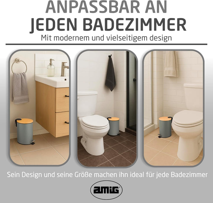 Amig – Kosmetikeimer mit Pedal 3L Naturline – Grau und Bambus – Hygienische Öffnung – Ø16,8 x 23 cm