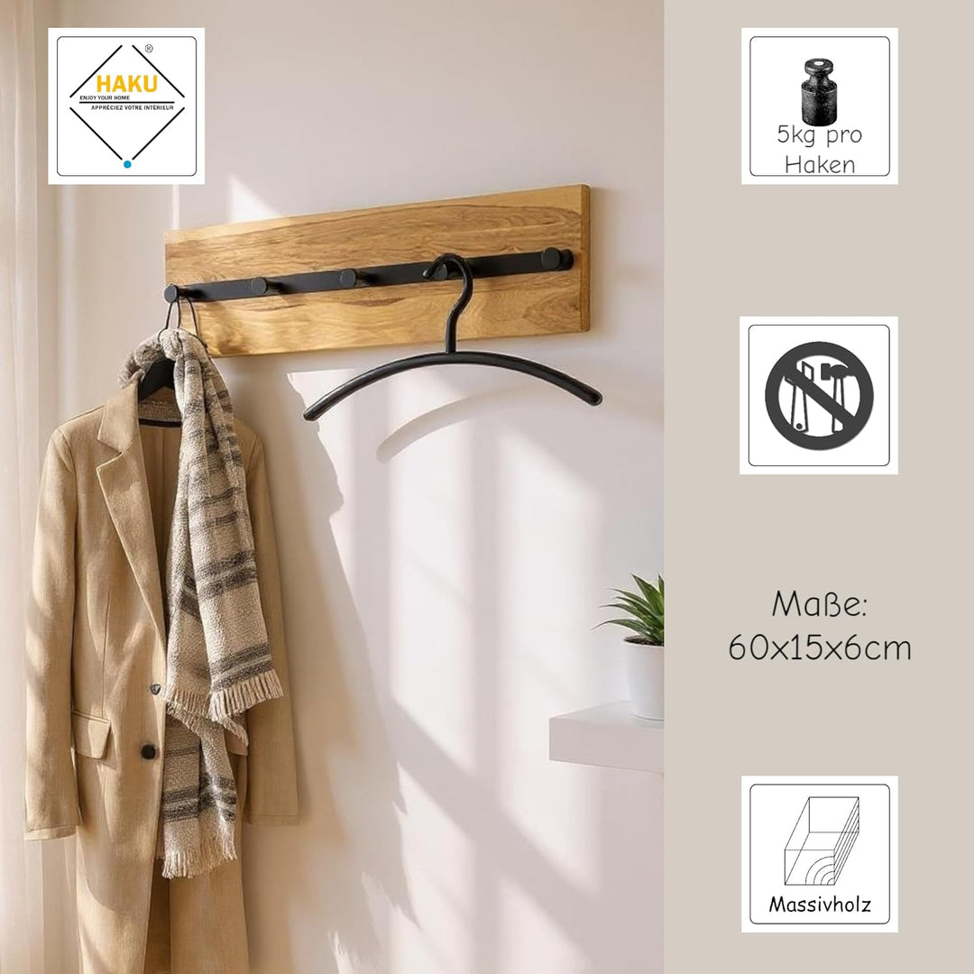 HAKU Möbel Wandgarderobe, Massivholz, eiche geölt-schwarz, B 60 x T 6 x H 15 cm Eiche Geölt-schwarz