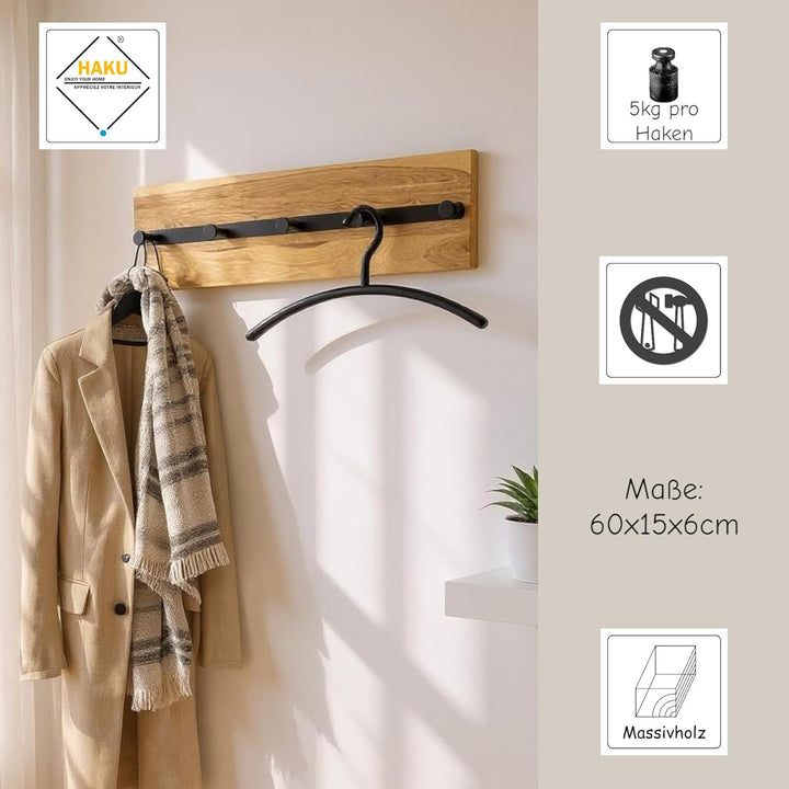 HAKU Möbel Wandgarderobe, Massivholz, eiche geölt-schwarz, B 60 x T 6 x H 15 cm Eiche Geölt-schwarz