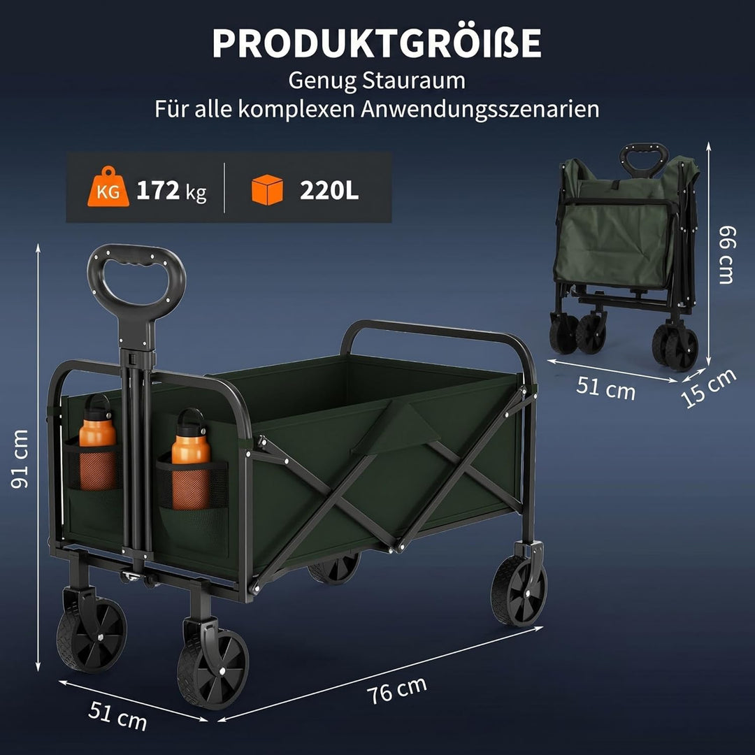Faltbarer Bollerwagen, 220L 172kg Traglast, 360° Geländeräder, Bremse, Stahlrahmen, 600D Oxford PVC,