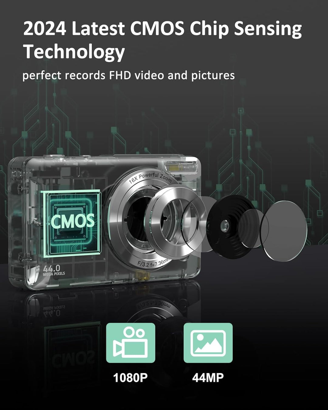 Digitalkamera 1080P FHD Fotokamera 44MP Fotoapparat Digital Kompaktkamera 16X Digitalzoom Einfache K