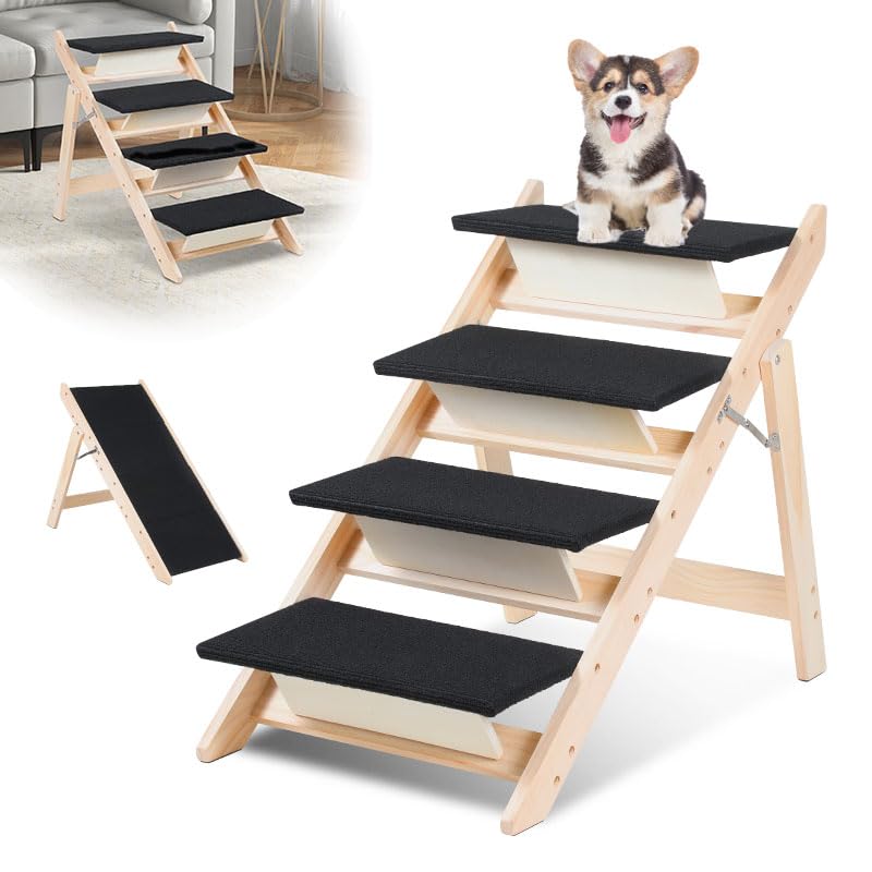 Hundetreppe 2 in 1 Hunderampe, Klappbare Haustiertreppe 65,5cm Hoch, 4-Stufig Faltbare Katzentreppe,
