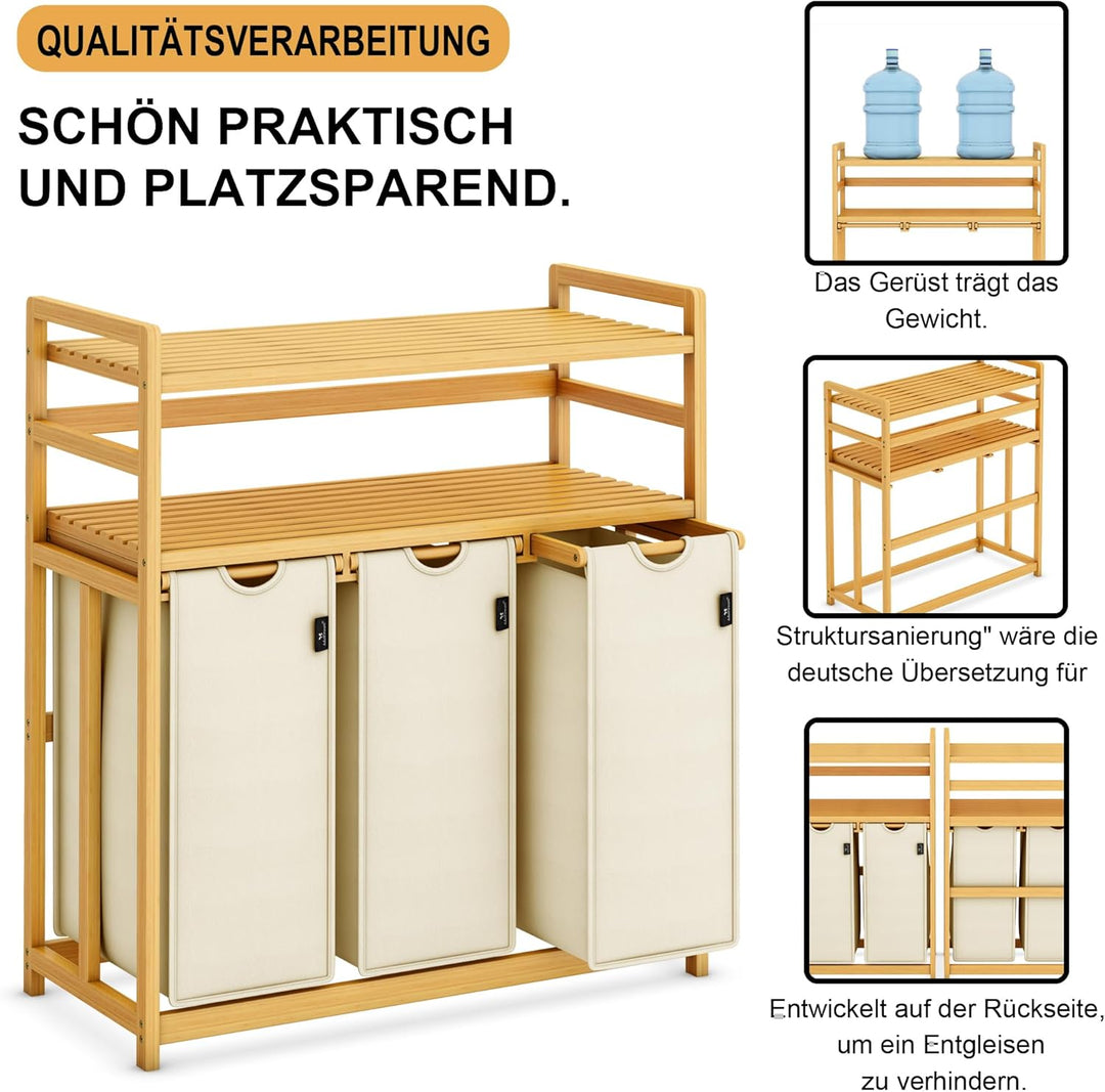 AdelDream Wäschekorb 150L, 3 Fächer Wäschesammler, 2 Ablagen, Bambus | Wäschesortierer 3 x 50L, ausz