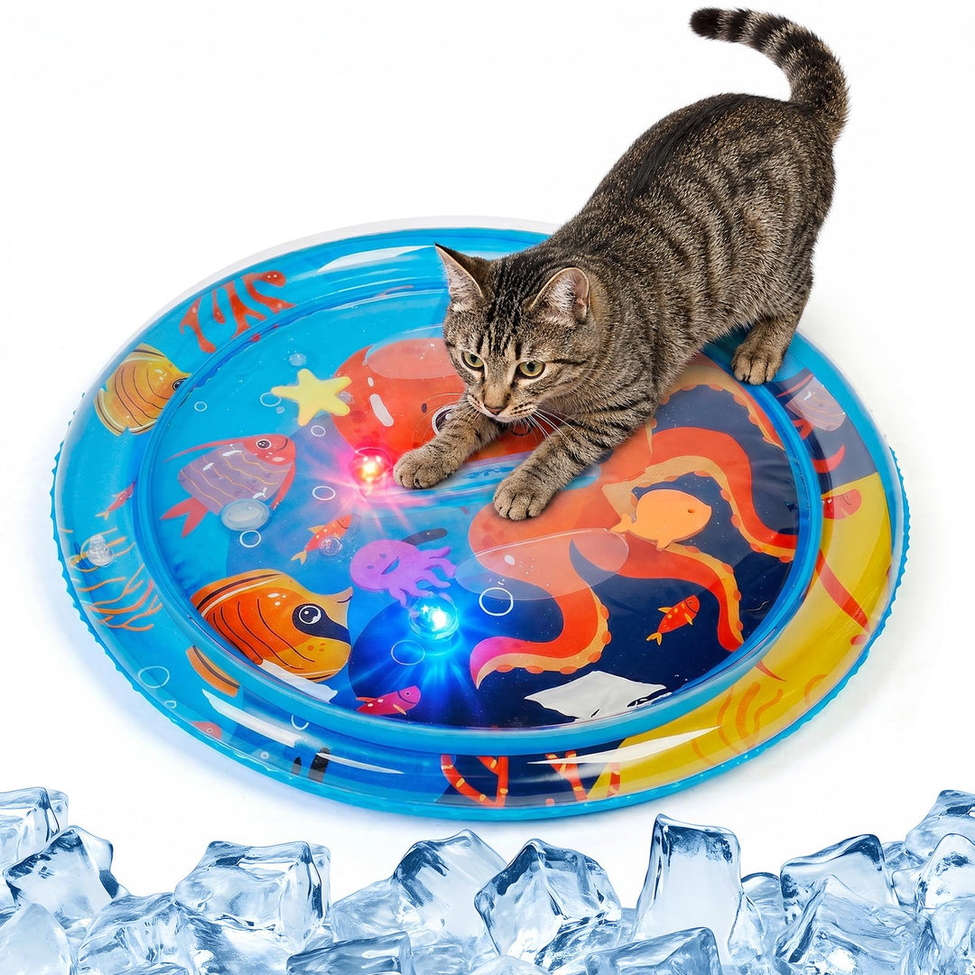 Supet Sensorische Wassermatte Katze mit schwimmenden Fischen und 2 Spielbällen, Verdickte Kühlmatte