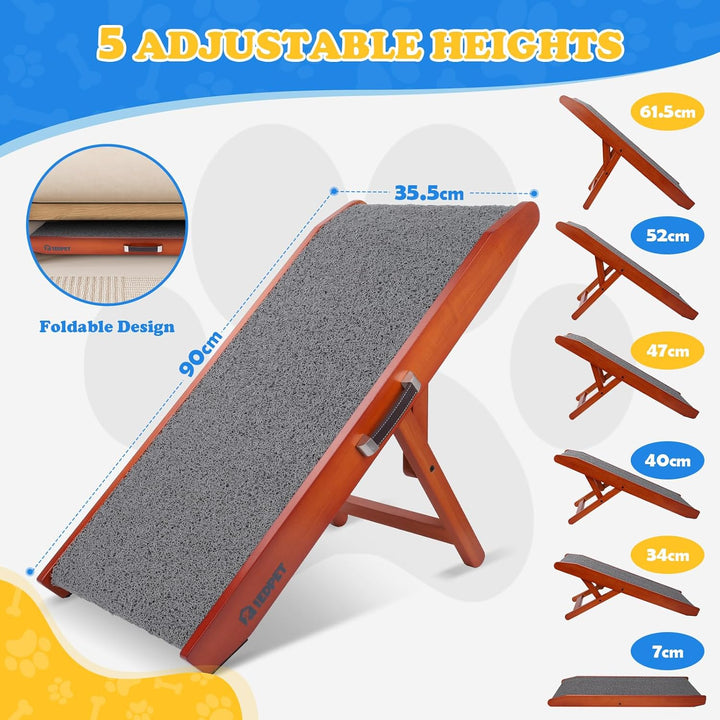 Hunderampe Hundetreppe für Hunde - Einstellbar 34-61,5 cm Spülschutz-Design Birkenholz Rampe Hund Kl