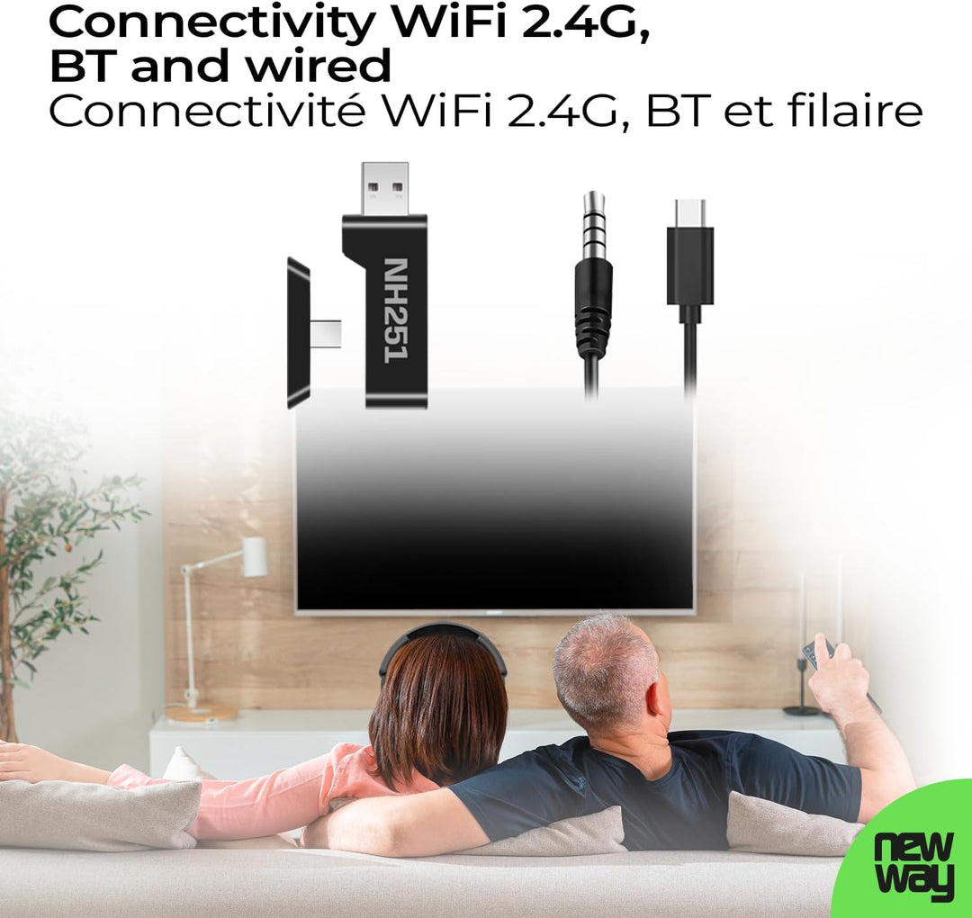 NEWWAY NH251 Kabelloser Audio-Kopfhörer – einziehbares Mikrofon – Triple Mode WiFi 2,4 GHz/BT/3,5 mm