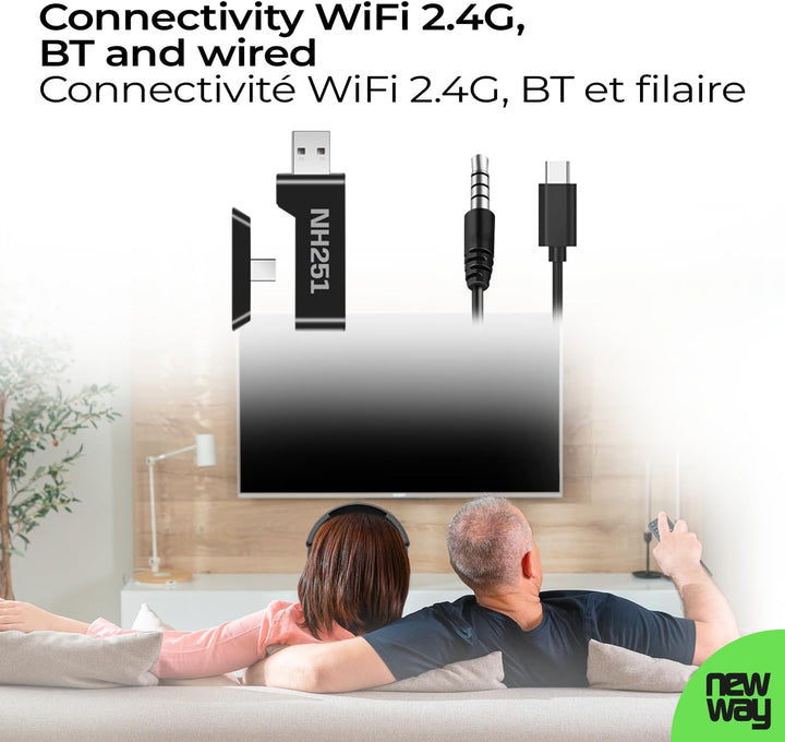 NEWWAY NH251 Kabelloser Audio-Kopfhörer – einziehbares Mikrofon – Triple Mode WiFi 2,4 GHz/BT/3,5 mm