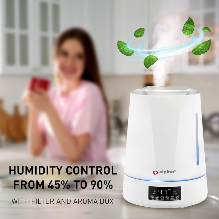 JUNG ALPINA Luftbefeuchter 4,3L Wassertank weiss, mit Fernbedienung, Aroma Diffuser Raumbefeuchter f