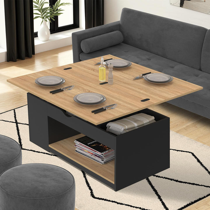 IDMarket - Rechteckiger, aufklappbarer Couchtisch, umwandelbar in einen Esstisch ELEA schwarzes Holz