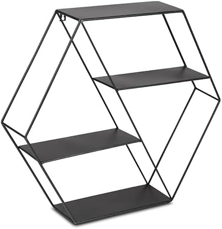 LIFA LIVING Hexagon Wandregal aus Metall mit 4 Böden, Schwarzes Schweberegal im Industrie Design, Se