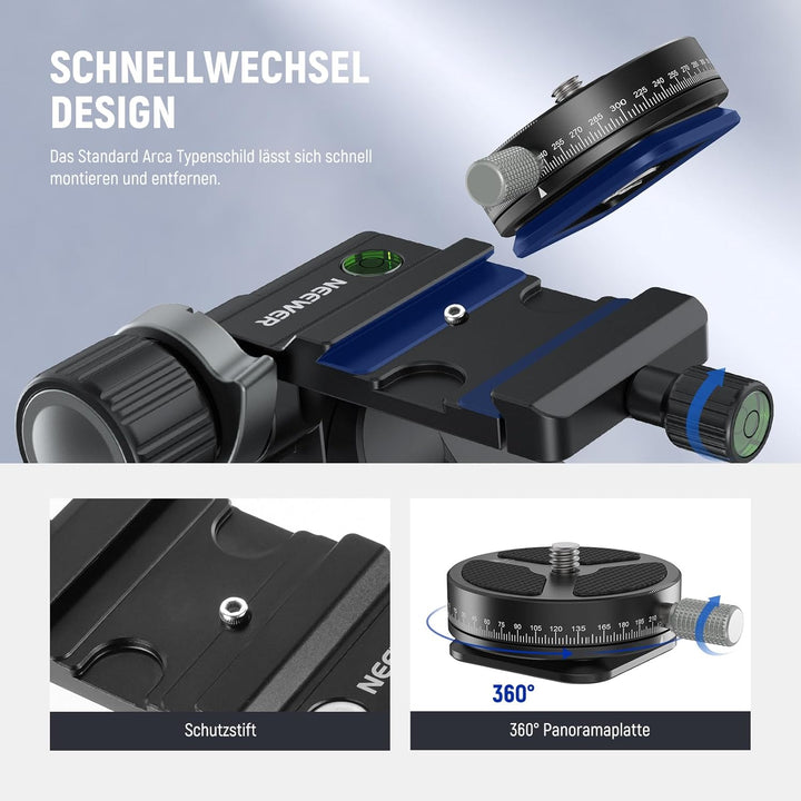 NEEWER TH15 3-Wege-Getriebe-Stativkopf mit 360°-Panorama-Arca-QR-Platte, Millimeter-Mikroeinstellung