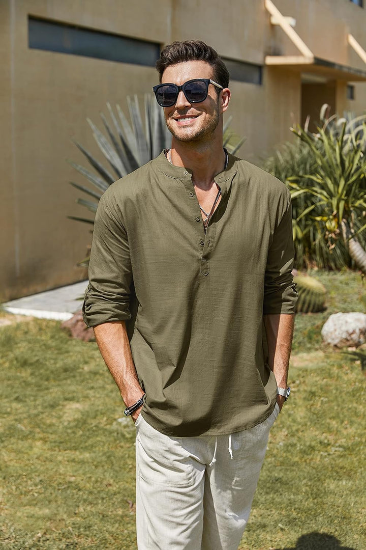 COOFANDY Herren Hemd Langarm Henley Shirt Leinenhemd Baumwolle Casual Regular Fit Sommerhemd A-armee