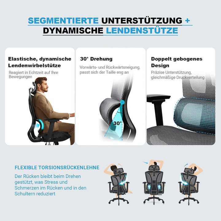 Bürostuhl Ergonomisch, 4D-Armlehnen, Verstellbare Sitztiefe, 4-stufige Neigung, Gummirollen, Mesh-Si