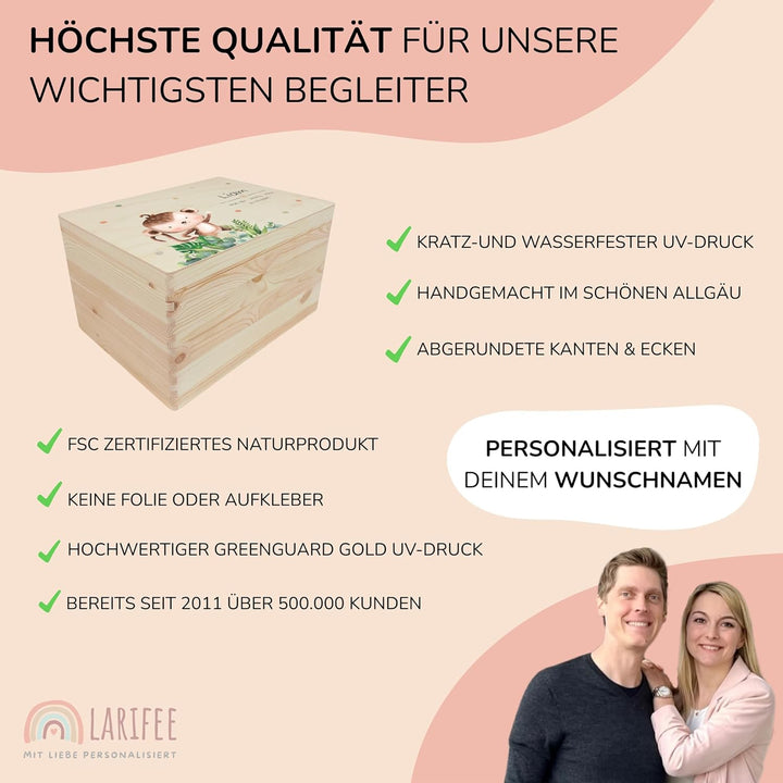 LARIFEE Erinnerungskiste personalisiert Affe mit Name – Baby Erinnerungsbox Holz mittel 40x30x13,5 c