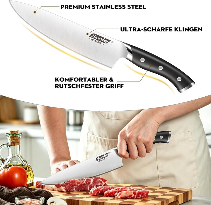 SCOLE® Messerset, Rasierscharf Küchenmesser Set 7-teilig mit Wetzstab, Messer Set, Profi Kochmesser