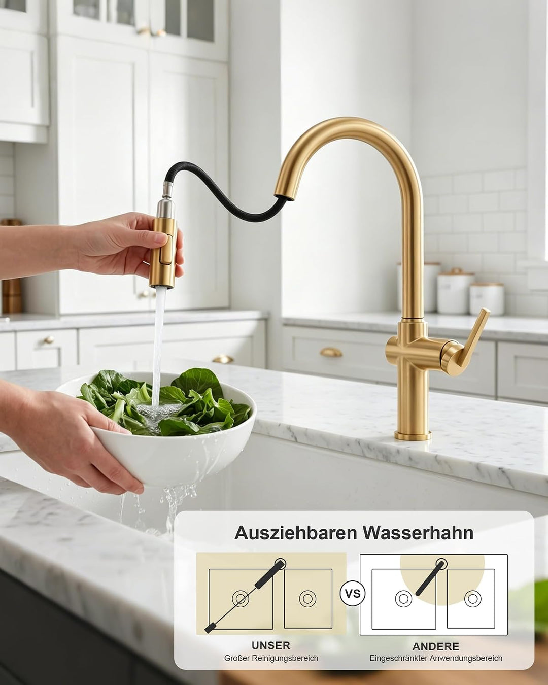 Tohlar Gebürsteter Gold Wasserhahn Küche Ausziehbar Gold | Hochdruck, Gold | Hochdruck