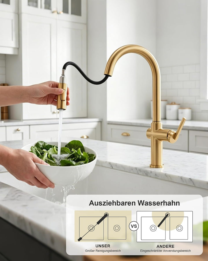 Tohlar Gebürsteter Gold Wasserhahn Küche Ausziehbar Gold | Hochdruck, Gold | Hochdruck