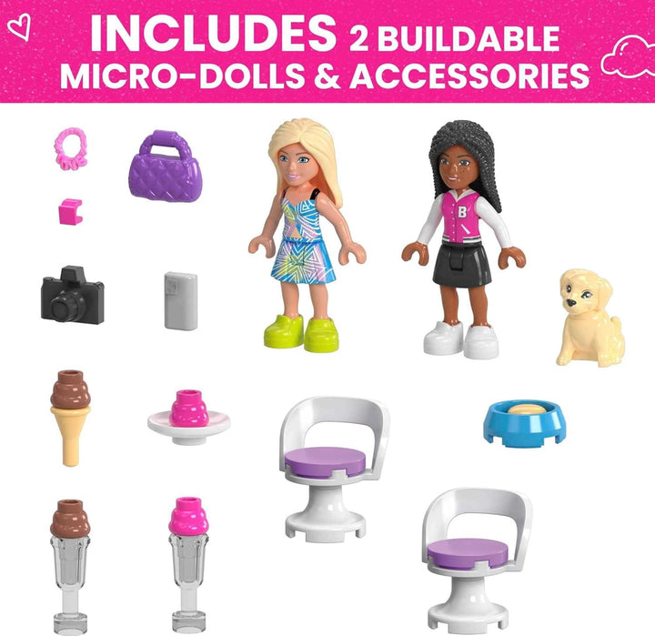 MEGA Barbie Autobauspielzeug Spielset, Cabrio & Eisständer mit 225 Teilen, 2 Mikropuppen und Zubehör