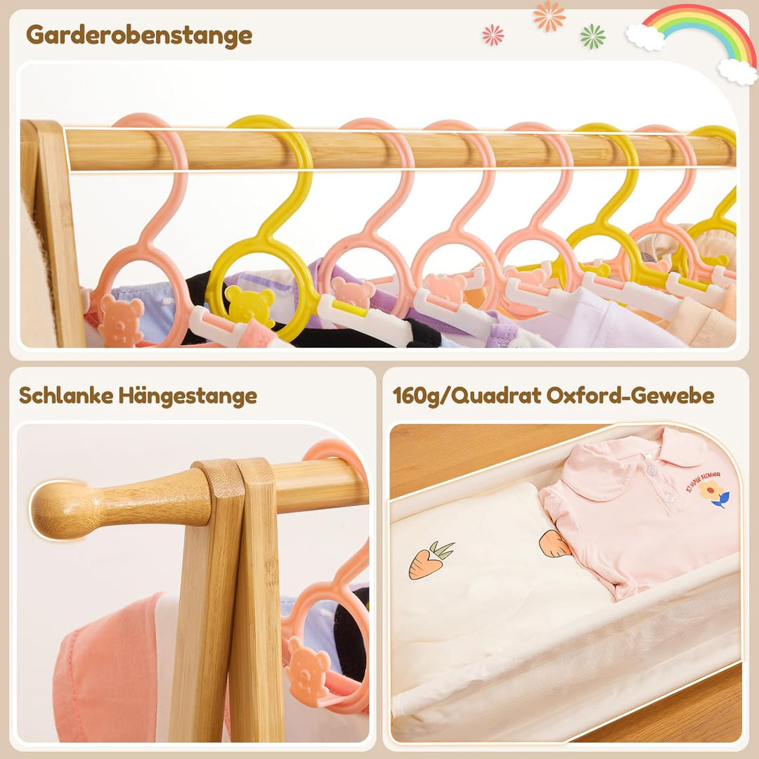 Yorbay Kinder Kleiderständer Bambus Garderobenständer mit Aufbewahrungskiste, Kindergarderobe mit Kl