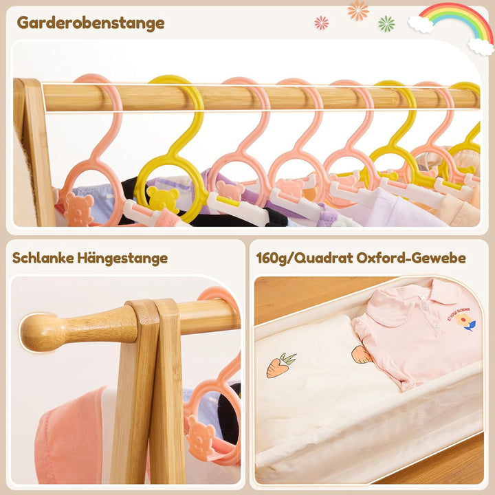 Yorbay Kinder Kleiderständer Bambus Garderobenständer mit Aufbewahrungskiste, Kindergarderobe mit Kl