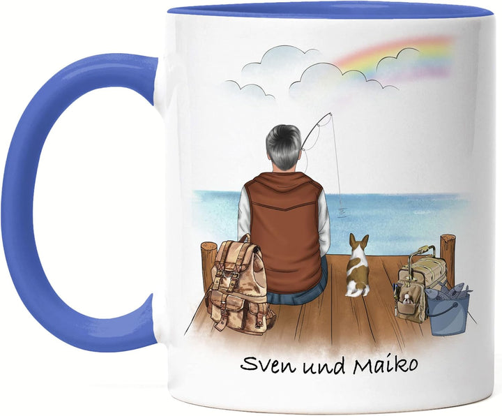 Angler &amp; Hund Tasse Blau Personalisiert Individuell mit Name Angeln Fischen Geschenk Opa Vater zum V