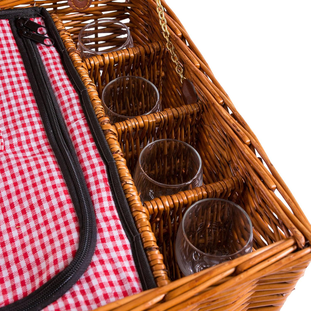 eGenuss Handgefertigter Picknickkorb für 4 Personen mit Kühlfach - Inklusive Edelstahlbesteck, Porze