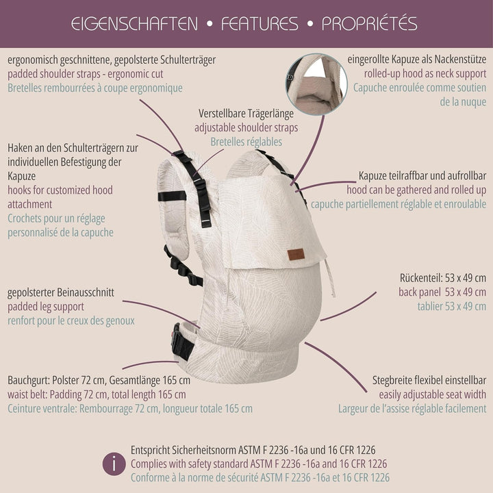 Hoppediz Buckle Toddler, Babytrage für Kleinkinder (9-25 kg), Design Grenada natur, Grenada natur