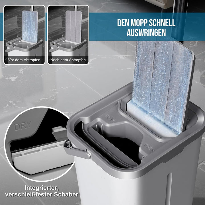 Masthome Flacher Wischmopp und Putzeimer Set,Flach Mopp Bodenwischer Putzset für Nass- Trockennutzun