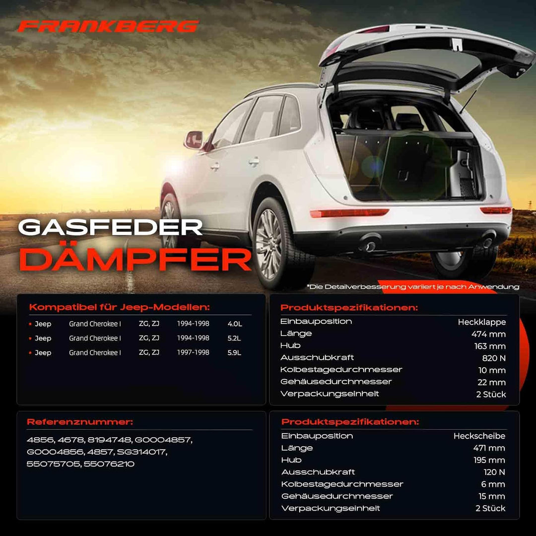 Frankberg 4x Gasfeder Dämpfer Heckklappe und Heckscheibe Kompatibel mit Grand Cherokee I ZJ ZG Alle
