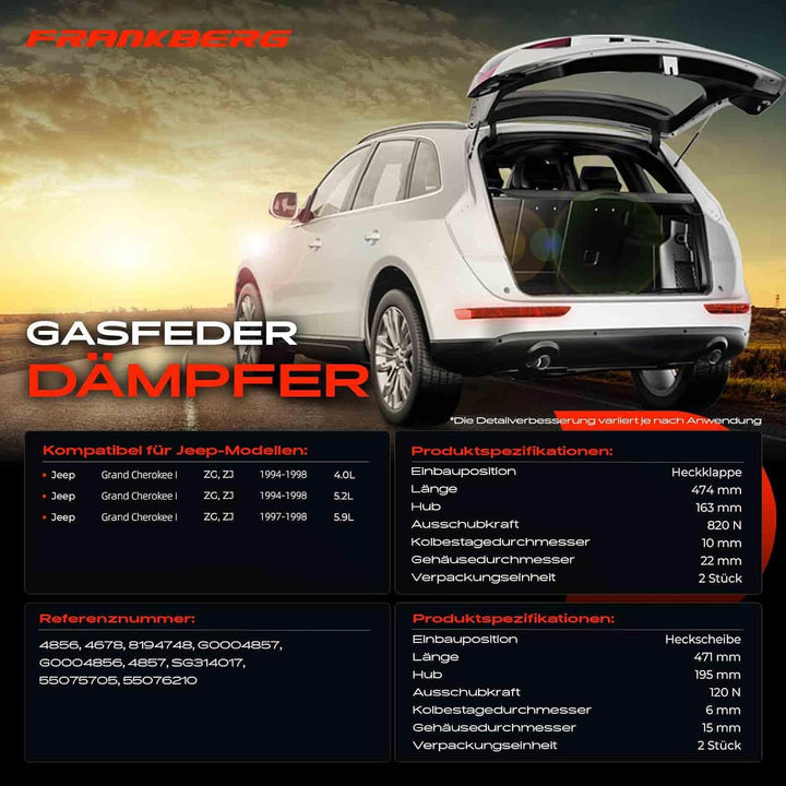 Frankberg 4x Gasfeder Dämpfer Heckklappe und Heckscheibe Kompatibel mit Grand Cherokee I ZJ ZG Alle