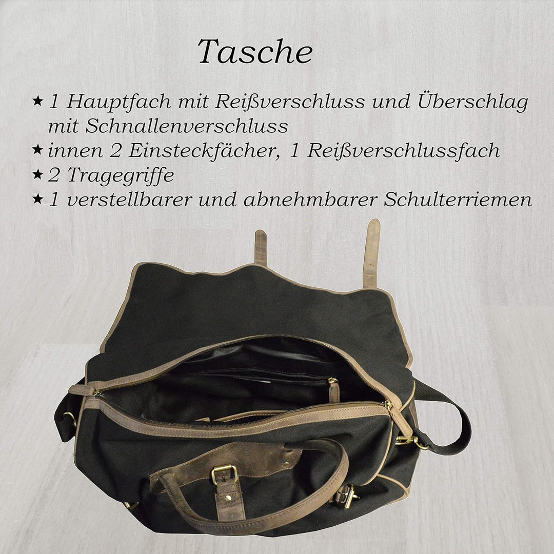 flevado Reisetasche Umhängetasche Leder/Canvas Sporttasche Büffelleder