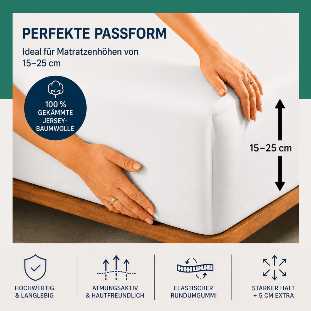 VelvetHome Spannbettlaken 90x200cm 100% gekämmte Baumwolle Made in EU Jersey Bettlaken 90x200 bis 25
