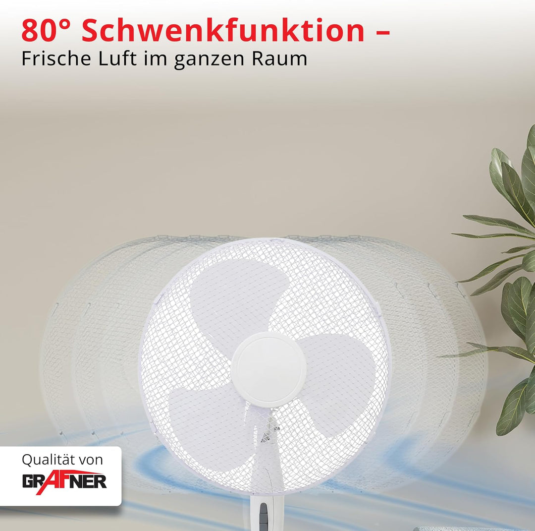 Grafner Standventilator 40 cm, 3 Geschwindigkeitsstufen, höhenverstellbar 105–120 cm, 80° Schwenkfun