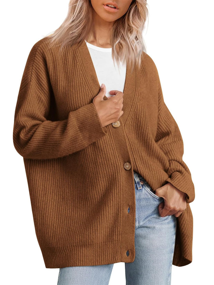 Damen Strickjacke Strick Outwear V-Ausschnitt Vorne Offen Leicht Lockere Pullover mit Knöpfen L Brau