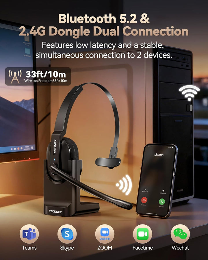TECKNET V5.2 Bluetooth Headset mit Mikrofon, Wireless Headset mit Ladestation, MIC ENC Noise Cancell