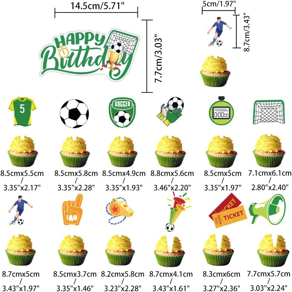 Kiyanest Fussball-Geburtstagsdeko – Happy Birthday Banner mit Hängespiralen, Kuchentopper & Cupcake-