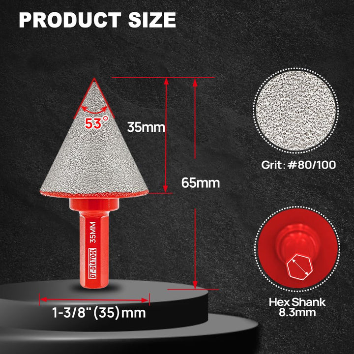 DT-DIATOOL Diamant-Abschräg-Fasen-Bits – Diamant-Kegelsenker-Bohrer 35 mm mit Sechskantschaft zur Ve