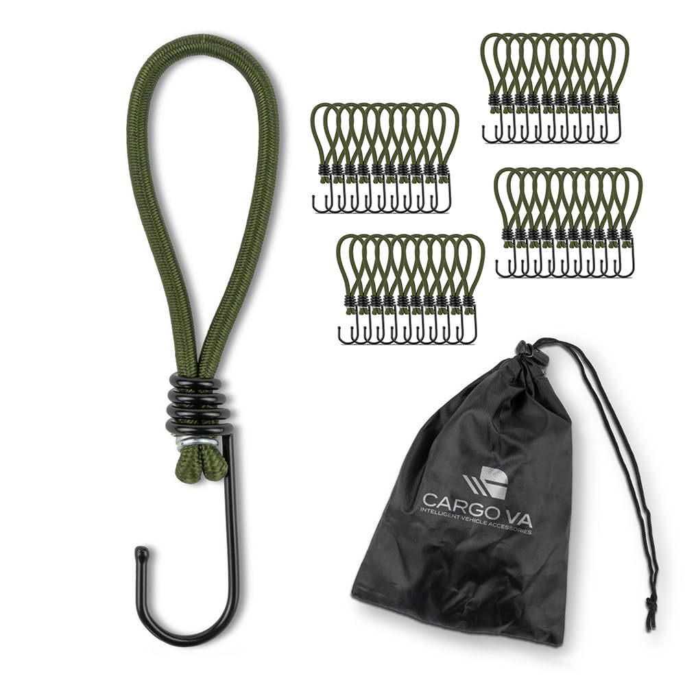 CargoVA® - 40 Spanngummis mit Haken und praktischer Tasche - Expanderhaken für Planen und Netze Oliv