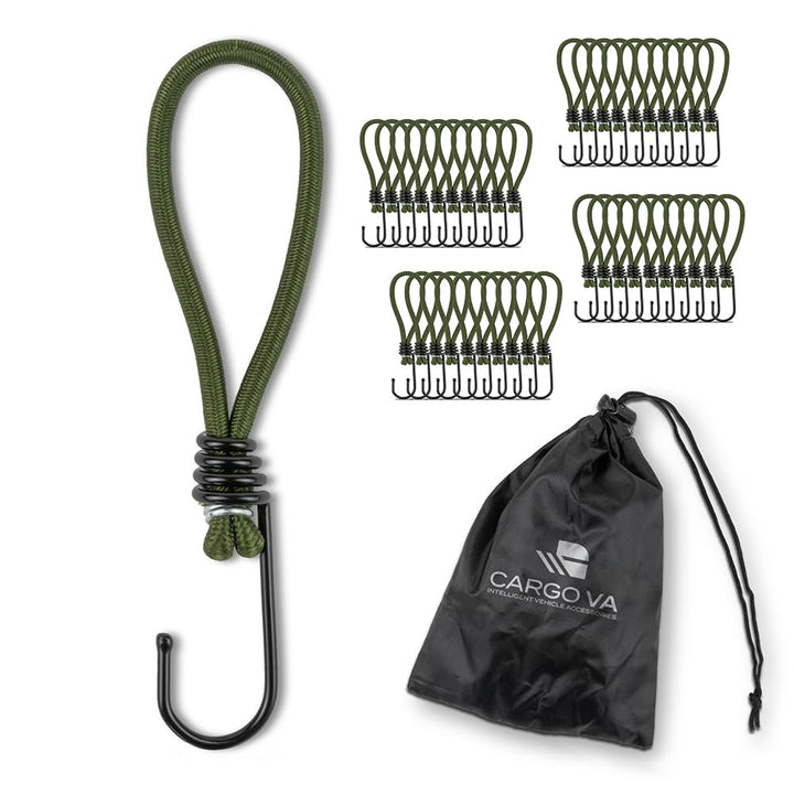 CargoVA® - 40 Spanngummis mit Haken und praktischer Tasche - Expanderhaken für Planen und Netze Oliv