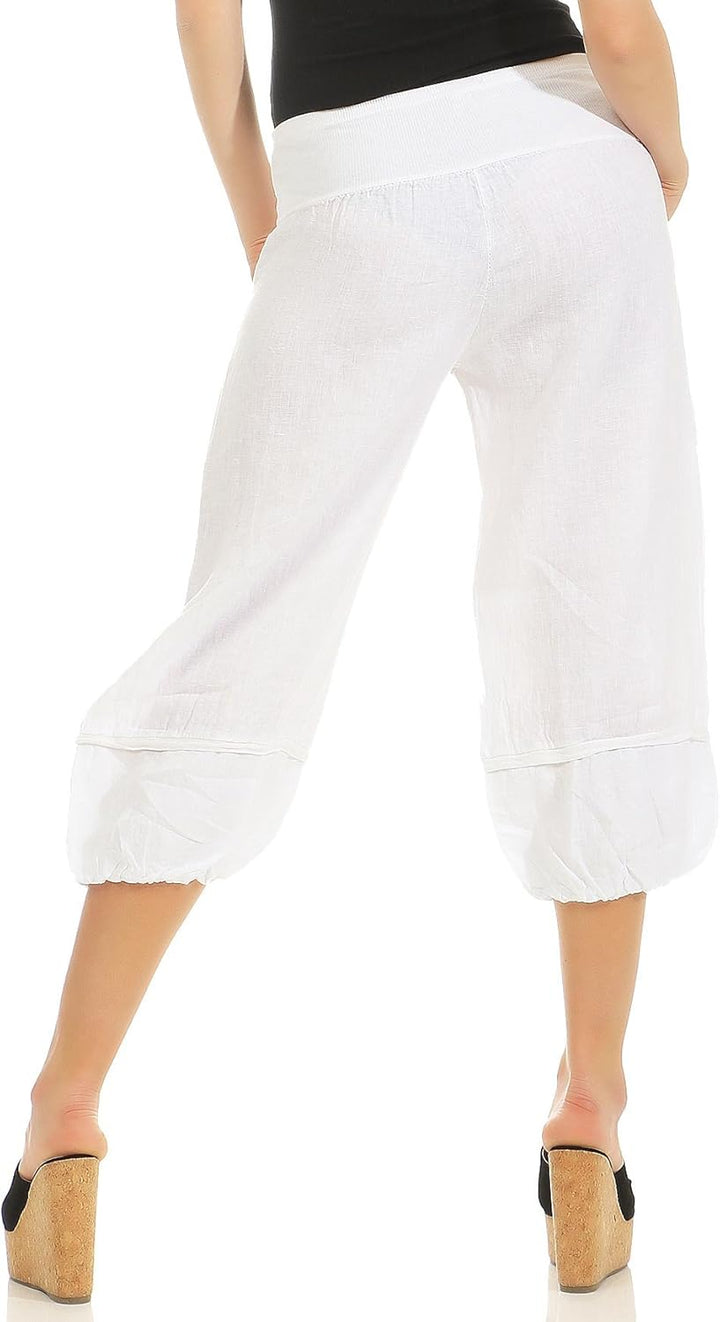 Malito Damen Hose aus Leinen | Stoffhose in Uni Farben | Freizeithose für den Strand | Chino - Capri